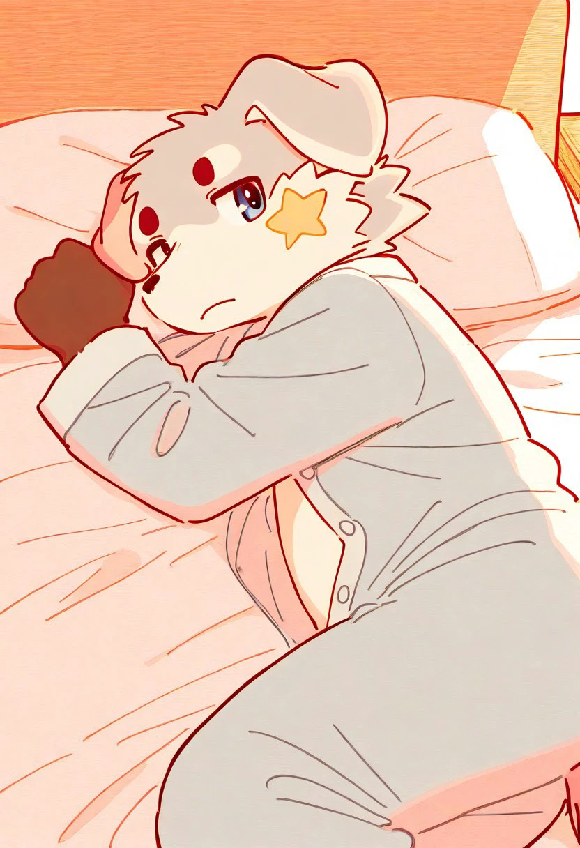 1boy, NoirChocoMint (HakkaOneCompany), zuppu11, momowaa, pajamas, lying on bed, male, solo, furry, cute, masterpiece, best quality