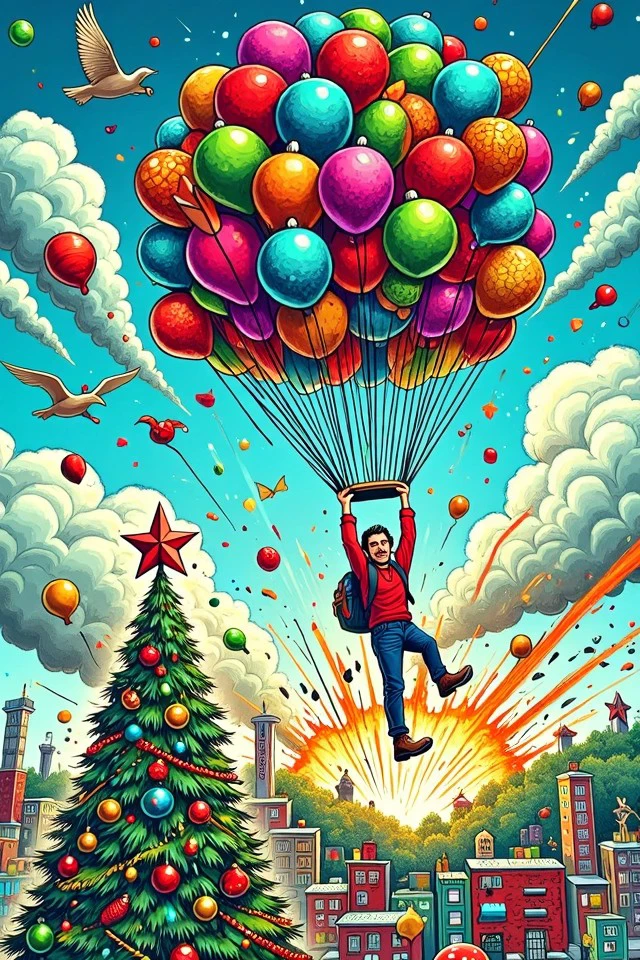 worxma style, smoke, ornaments, christmas tree, presents, explosion, illustration,
A man floating through the air, carried by a cluster of brightly colored balloons: The man drifts peacefully above a vibrant, animated cityscape below. The sky is a brilliant blue, with fluffy white clouds and birds soaring in the distance. , 
Stupendous detail, Prestigious quality, Unrivaled detail, Incandescent detail, 
<lora:War_On_Christmas_Flux:0.85>