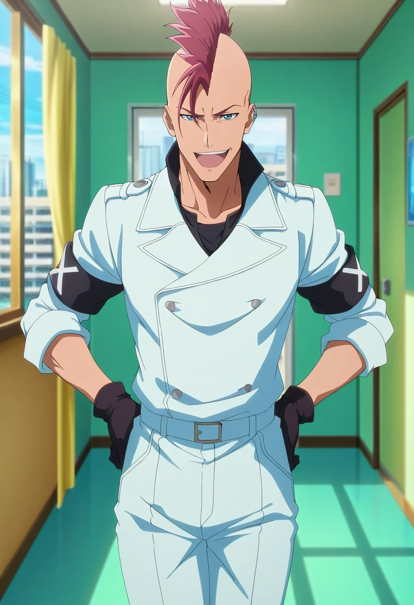 masterpiece, best quality, intricate details, anime screencap, anime coloring, official style, looking at viewer, , 1boy, solo, male focus, <lora:bazzard_black_ilxl:0.92>, bazzard_black, red hair, blue eyes, short hair, mohawk, , gloves, cowboy shot, apartment, day, sunny, legs together, giggling, ,