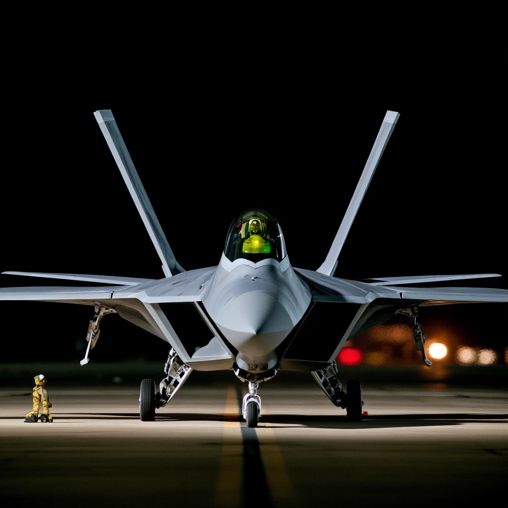 cinematic film still of <lora:F-22 Raptor fighter jet style v1:1>
Lockheed Martin F-22 Raptor a fighter jet is on the runway at night, action movie themed, sharp, detailed, epic cinematic photography, artistic, dramatic light, cinematic color style, Kodak film style, Fighter aircraft, Lockheed Martin F-22 Raptor style, 1boy, military, helmet, science fiction, flying, realistic, aircraft, military vehicle, retro artstyle, airplane, pilot suit, battle, vehicle focus, jet, missile, cockpit, fighter jet, pilot, variable fighter, no humans, facing camera
, shallow depth of field, vignette, highly detailed, high budget, bokeh, cinemascope, moody, epic, gorgeous, film grain, grainy