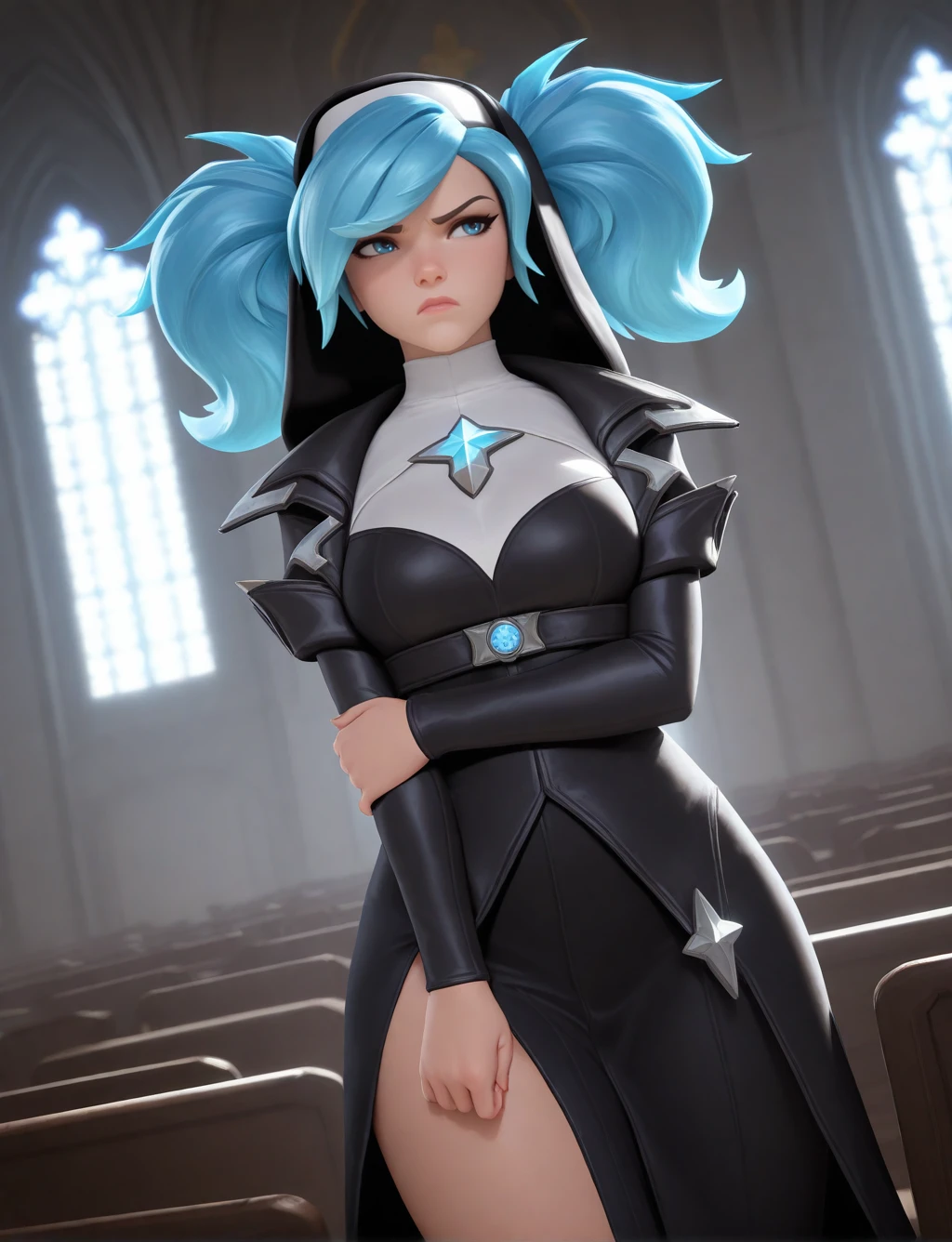 masterpiece,best quality,good quality,newest, 1 girl, solo, Evie_Paladins,  nun outfit, church background, annoyed, dutch angle, backlight, bloom, cinematic, <lora:Evie_IL_v1:0.8>