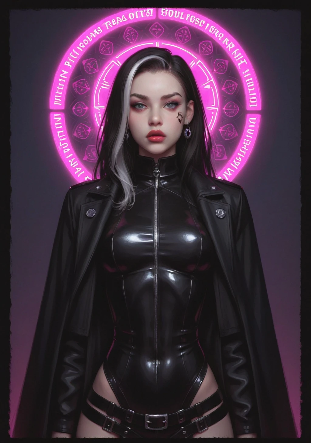 Under a neon-lit sky, a cyber warrior stands tall amidst a futuristic cityscape, their sleek ninja-inspired jacket radiating style and functionality. The jacket is adorned with intricate glowing patterns, pulsating cyan and violet lines tracing its high-tech fabric, blending tradition with cutting-edge design. Flowing behind them is a long, dramatic cape, its surface shimmering with digital patterns that shift like a living circuit board, catching the vibrant city lights. Their intricately styled hair, with metallic hues, cascades gracefully, complementing the sleek and agile look of their outfit. The figureâs silhouette, framed by the towering skyscrapers and vibrant digital haze, exudes an aura of mystery, power, and elegance, embodying the perfect fusion of stealth and futuristic sophistication. Ponyv5-000016