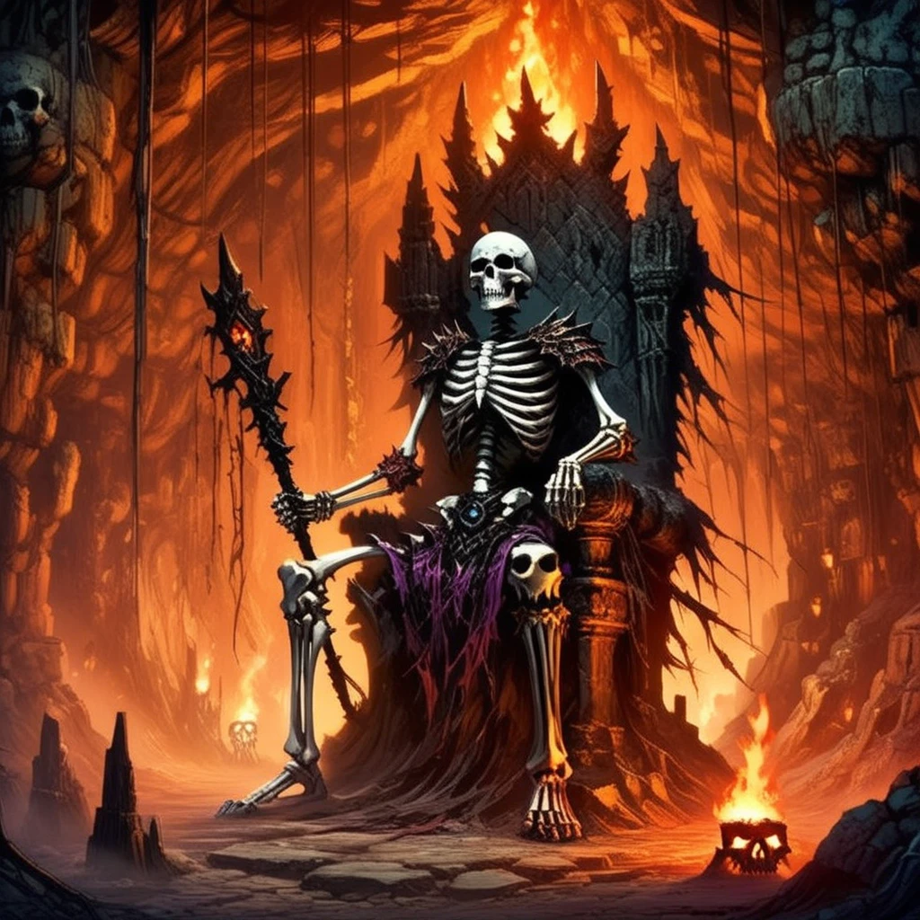 anime artwork skellies, skeletal warrior, sitting on a throne of bones, surrounded by flickering torches, underground cavern, jagged rocks, close-up shot, low light, eerie glow, gothic atmosphere, high detail <lora:Skeletal Warriors- sdxl1.0:1> . anime style, key visual, vibrant, studio anime,  highly detailed