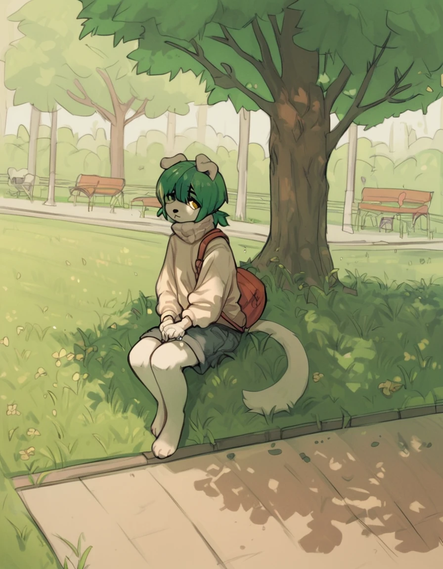 score_9, score_8_up, score_7_up, score_6_up, score_5_up, score_4_up, <lora:puppyemonade_style:1>, puppyemonade_style, furry, furry girl, green hair, white fur, park, grass