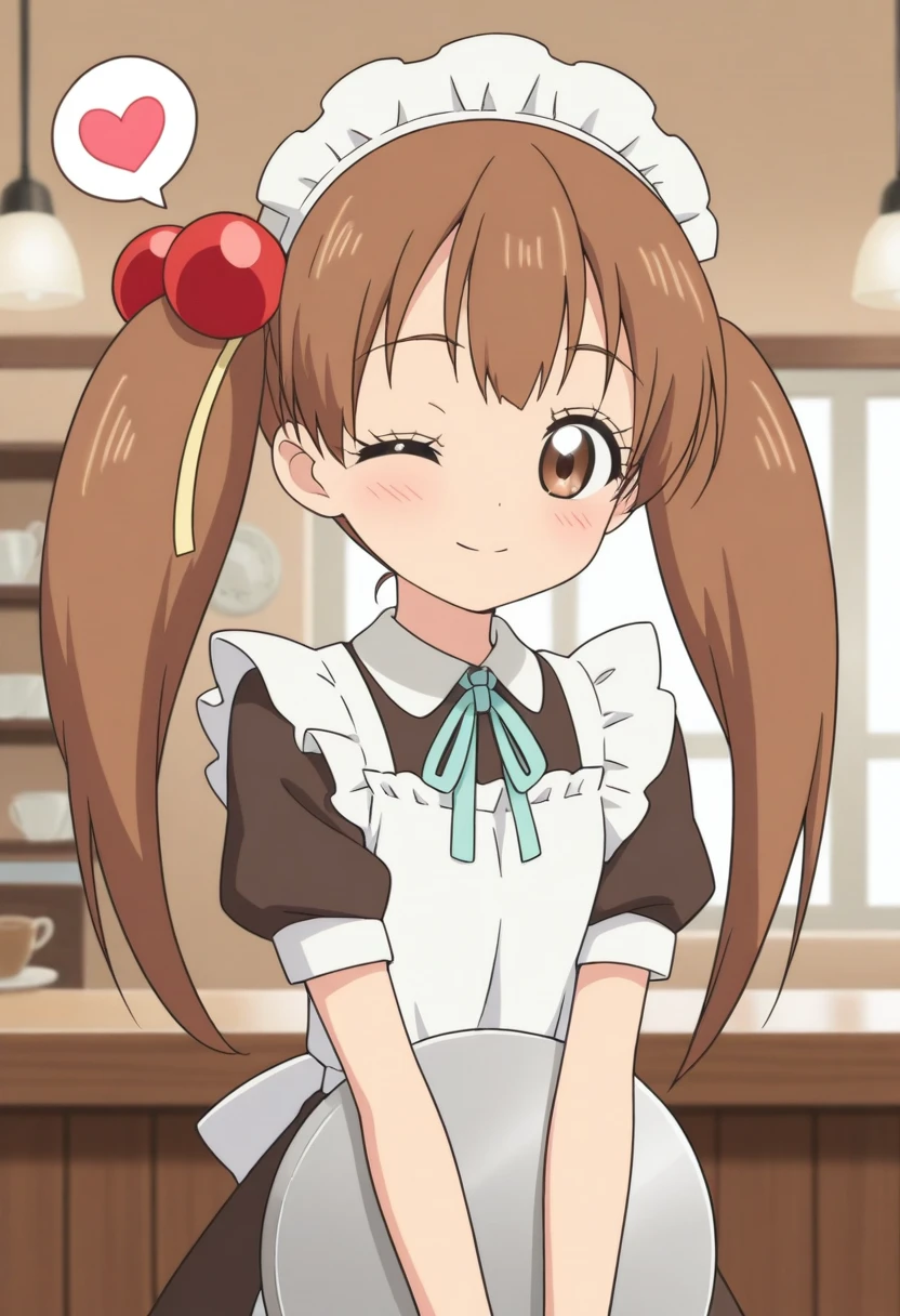 best quality, masterpiece, jpairi, twintails, brown hair, hair ornament, hair bobbles, long hair, cafe, maid headdress, maid outfit, tray, one eye closed, spoken heart,