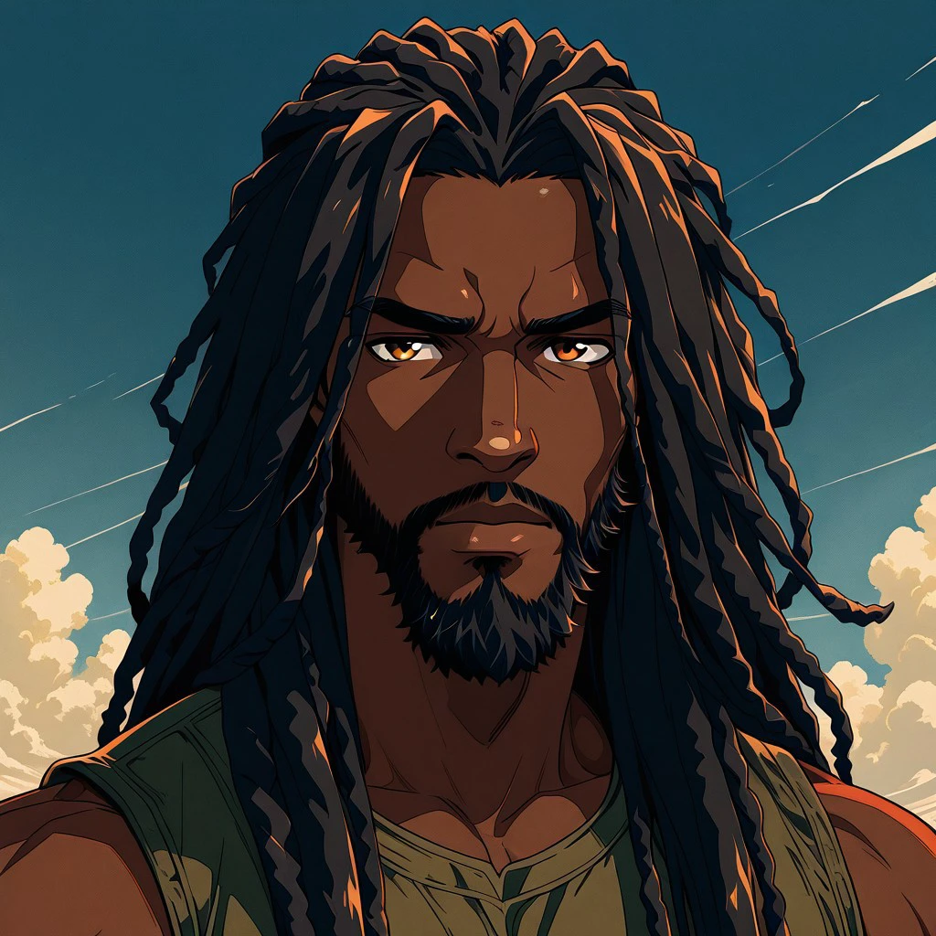 masterpiece, best quality, newest, absurdres, highres,  anime, anime style 1boy, IllustratedafricanmaleV1.5, dark-skinned male, african male, african, DredlocksIL-V1.5, dredlocks, beard, facial hair,