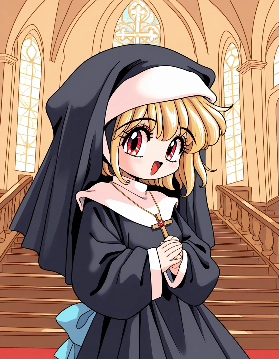 general,highres, ultra-detailed,very aesthetic,best quality ,best hands,  BREAK <lora:Melodylibrary_IS:1>
Melodylibrary, nun, blonde hair, red eyes, bangs, short stack,
habit, blue bow, jewelry, cross necklace, long sleeves,
1girl, solo, cross, habit, jewelry,  open mouth, cross necklace, necklace, long sleeves, short hair, looking at viewer, 
stairs, smile, 
church, latin cross,