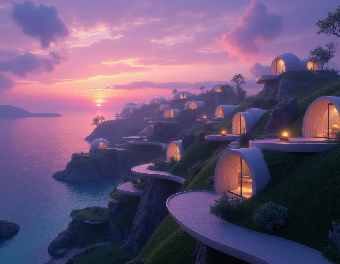 In the style of ff-eu, a coastal city with eco friendly houses on the shore. it is evening with a purple and orange sunset. there are lights at the entrances to the houses.
<lora:Eco_Utopia_FLUX-000011:1>