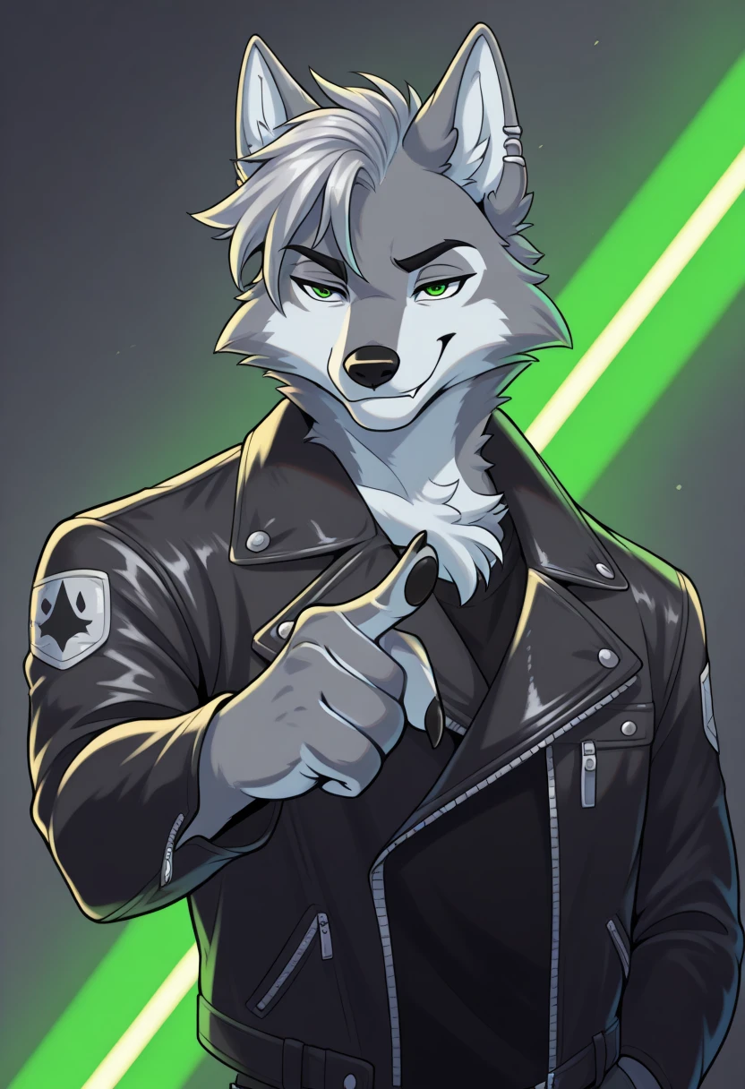 <lora:Lines_Light_Background_Illustration:1.0>, male, anthro, furry, wolf, gray fur with silver highlights, leather jacket with patches, confident stance, piercing green eyes, lines_light_background, subtle smirk, wind-swept fur, finger pointing forward