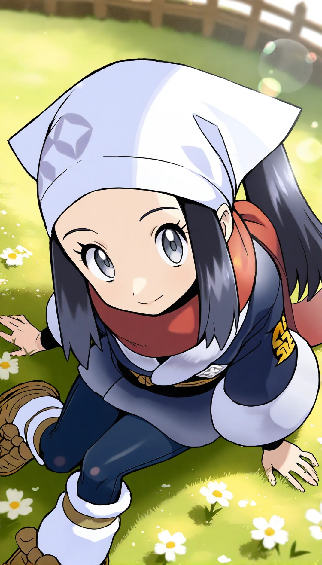 masterpiece,best quality,amazing quality,
<lora:hikaridawnIL:1>,akaridawn,
1girl,solo,
navy blue hair,long hair,ponytail,
grey eyes,smile,
white bandana,dark blue clothes,red scarf,black detached sleeves,dark blue leggings,white loose socks,straw shoes,
from above,facing aside,sitting,leaning forward,side sitting,left hand on ground,
blurry background,depth of field,soft lighting,light particles,lens flare,
grass,flower,white fence,