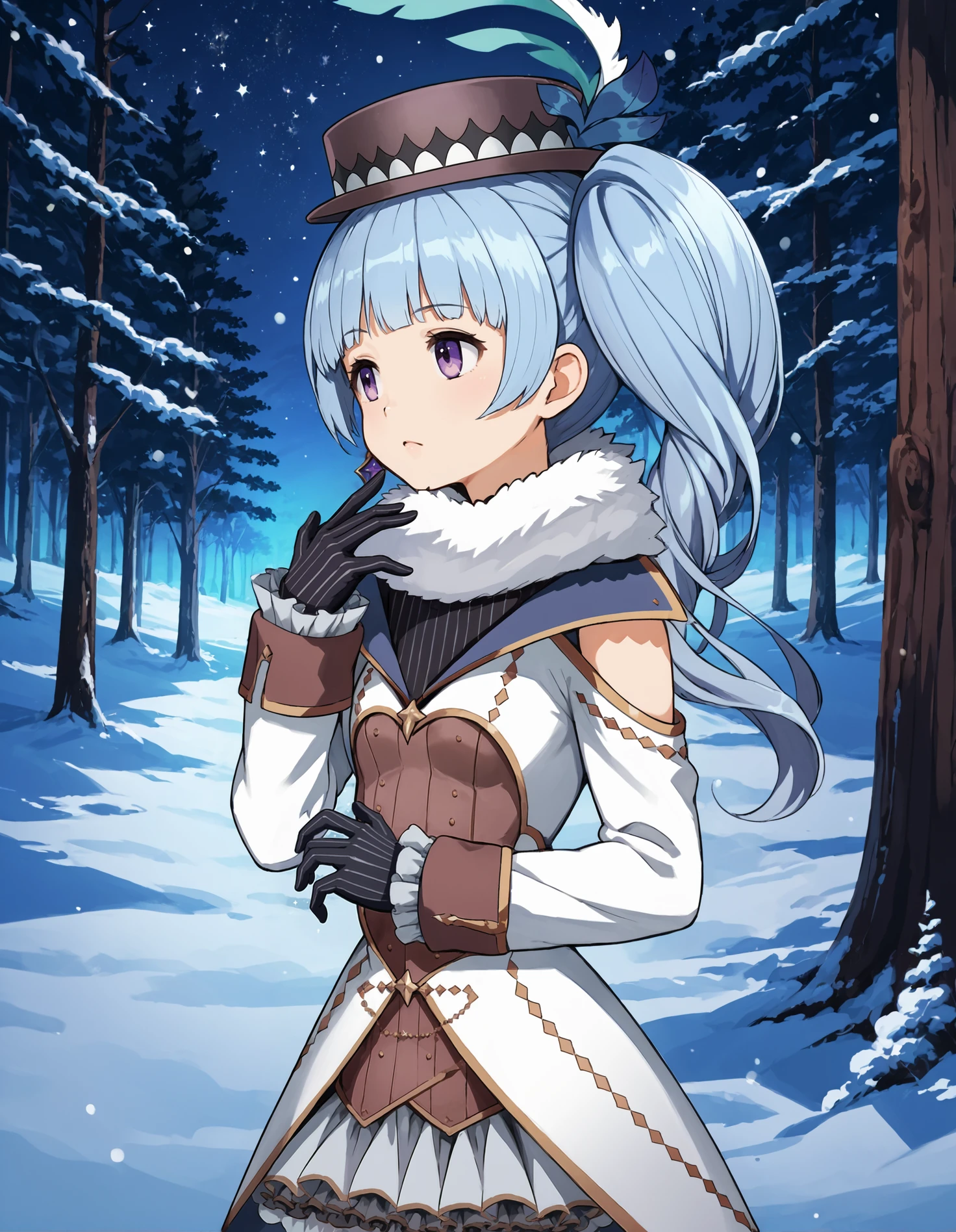 score_9, score_8_up, source_anime, 1girl, upper body, medium shot, detailed, mgrckumiseika, light blue hair, side ponytail, purple eyes, brown feathered hat, white fur scarf, single purple earring, black striped top, white coat, shoulder cutout, heart cutout, brown vest, white frilled skirt, black striped gloves, hand up, looking up, outdoors, forest, tree, night, winter, snow, sky, stars, (side view:0.7), <lora:mgrckumiseika_XL:1>