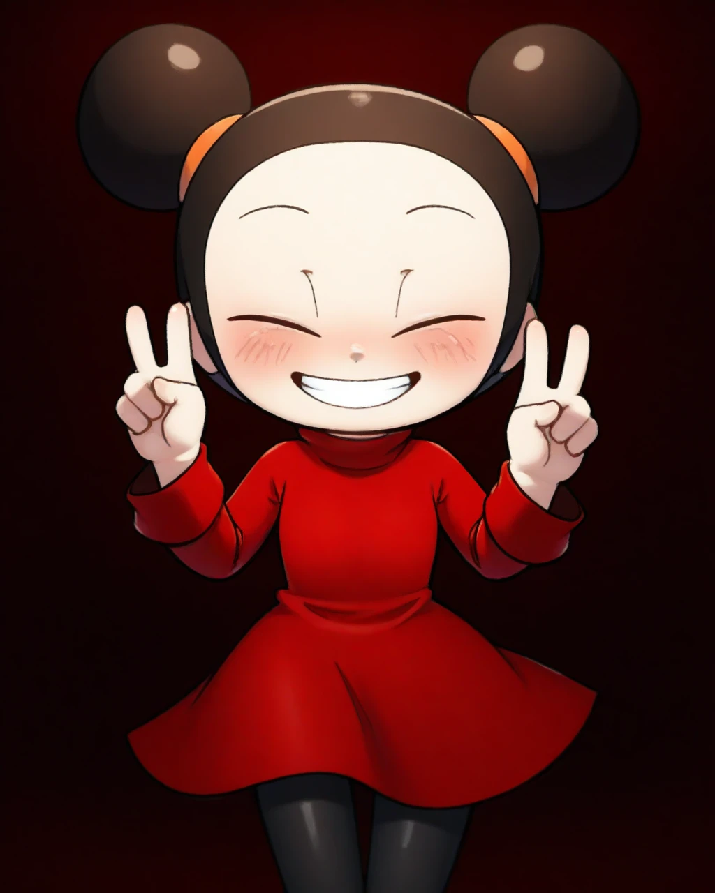 masterpiece, best quality, evnstnly, chibi, 1girl, solo, pucca, red dress, black pantyhose, grin, blush, double v, looking at viewer, sitting, cowboy shot, village