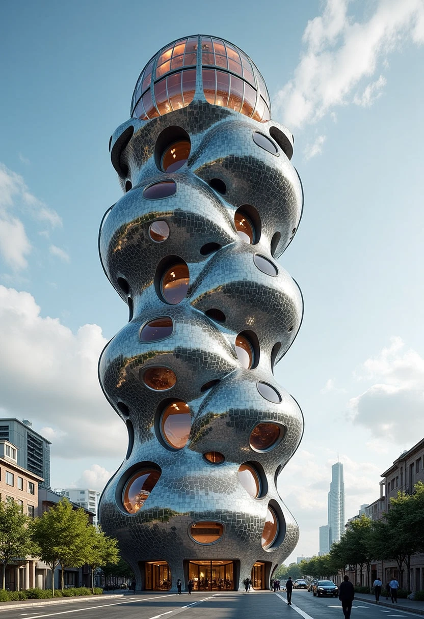 YFG-Rounded A tower reminiscent of a twisting helix of discs, each disc layered with solar panels, culminating in a glimmering dome that harvests atmospheric energy.