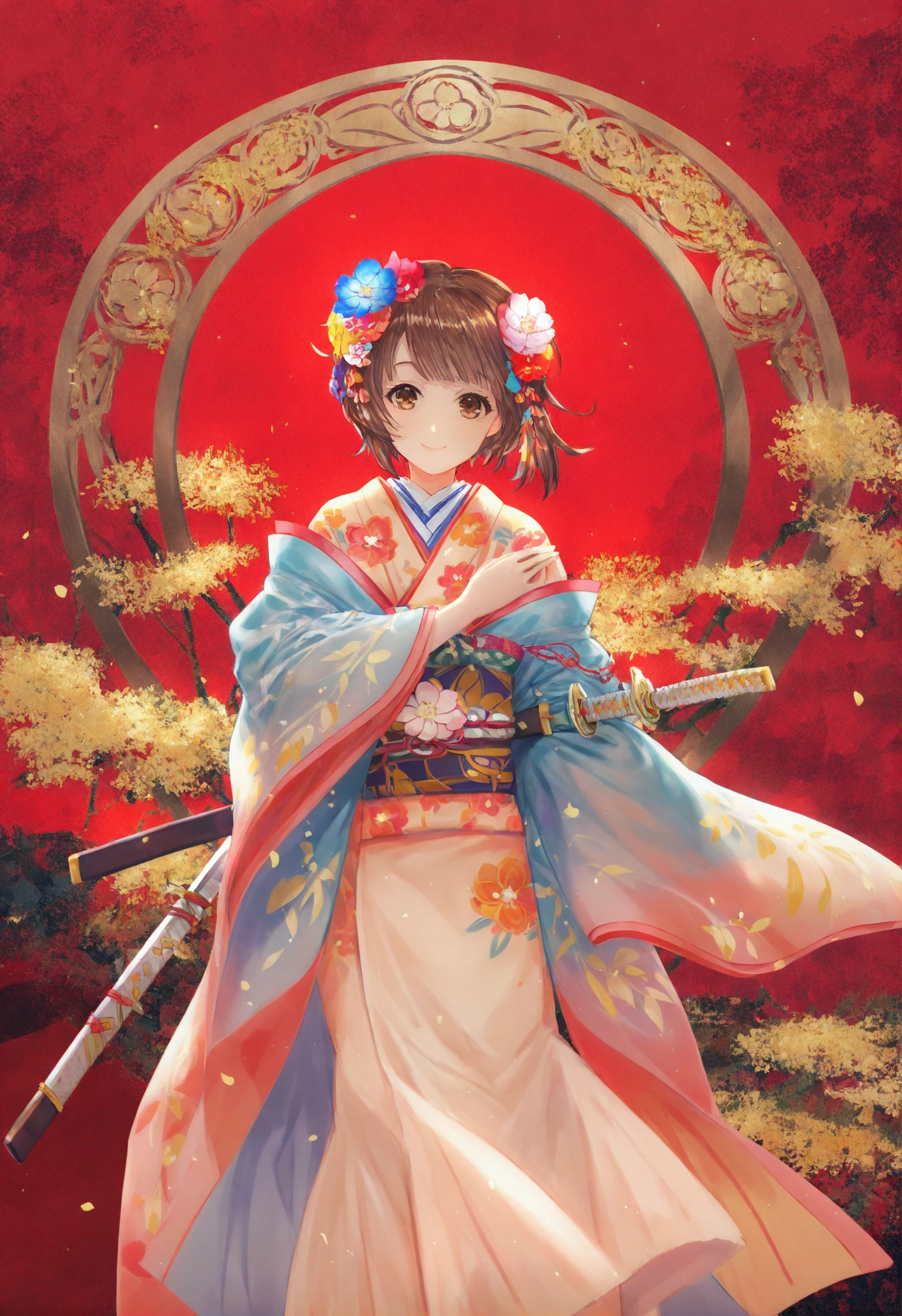 1girl, solo, japanese clothes, sword, weapon, katana, flower, kimono, brown hair, hair ornament, brown eyes, short hair, smile, looking at viewer, sheath, sash, obi, hair flower, holding, colorful, sheathed, holding sword, holding weapon, wide sleeves 
,best quality,very aesthetic,absurdres
 <lora:æè±lokr_for_illustrious-000145:0.95>