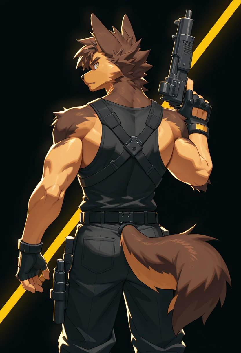 masterpiece, best quality, <lora:Zheman:1> zheman, dog boy, yellow eyes, tail, top tank, pants, fingerless gloves, <lora:Lines_Light_Background_Illustration:1>, lines_light_background, back view, holding gun, yellow line, black background