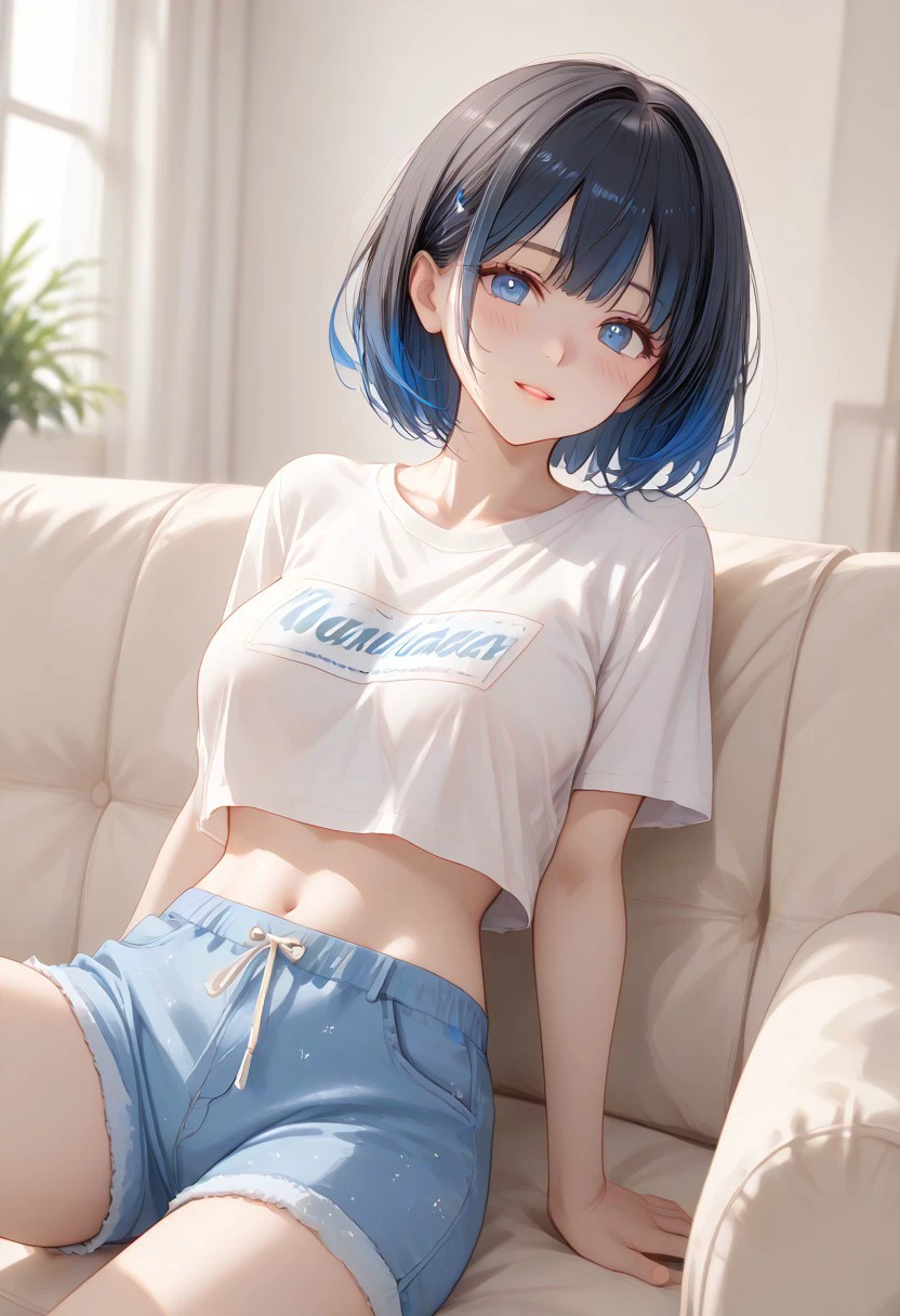 (Shion Tachibana, Short hair, Black hair, Multicolored Blue hair, Expressive eyes, Blue crystal eyes), perfect face, blushing, happy expression, perfect body, tall, white skin, big breasts, living room, wearing a daily outfit, white shirt, crop top overhang, shorts, lying on the sofa, watching TV, The lighting creates dramatic shadows and highlights, adding depth to the artwork, The perspective is taken from the side so that the character's situation is more visible, (masterpiece, detailed:1.2), (High Resolution), (More Details), (8K), (High Resolution), Aesthetic style, (glitter), soft anime, intricate colors, vibrant colors, color detail, ((Anime illustration)), ((Incarnate detail)), ((Masterpiece)), ((Highest quality)), easynegative,