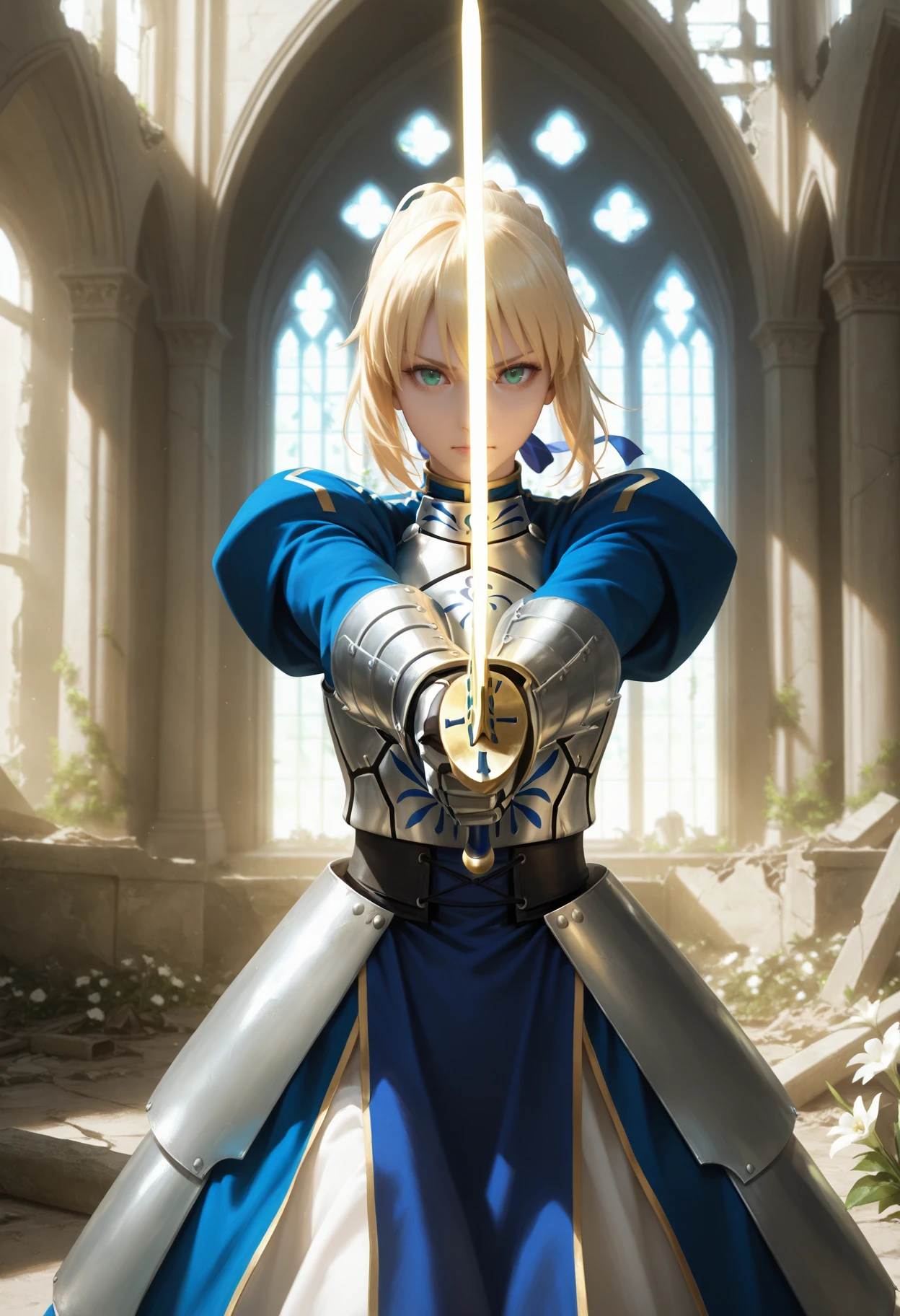 masterpiece, best quality, realistic
 <lora:Lets dance [IL]:0.5> let's dance, holding weapon, aiming at viewer, 
saber, fate_(series), 1girl, blonde_hair, green_eyes, blue clothes, armor, gauntlet, gold glowing sword, ruins, church, flowers, serious