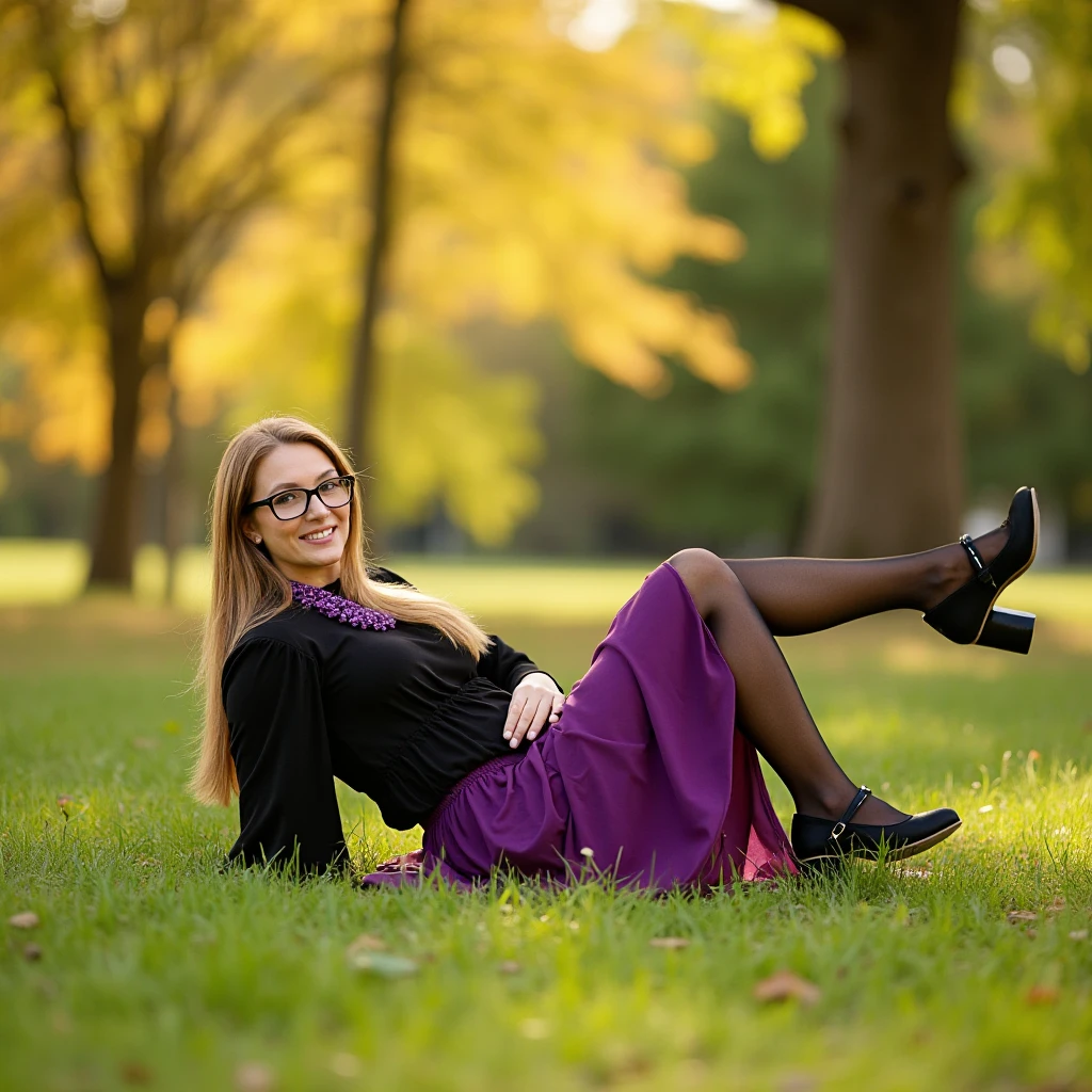 full-body photograph of a 30 year old woman with straight long blonde hair wearing glasses and a slight smile on her face. She is wearing black top, purple necklace, purple over-knee skirt, black tights and black patent Mary Jane shoes with medium block heel.  She is lying on her back on a meadow in a park, with golden sunlight shining through the trees. <lora:Reclined_rank4_fp16-step01260:1>