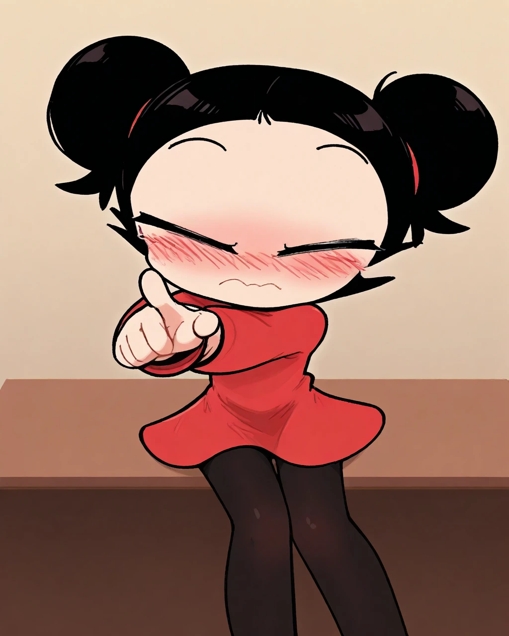 masterpiece, best quality, kimkrab, chibi, 1girl, solo, pucca, red dress, black pantyhose, embarrassed, blush, pointing at viewer, looking away, sitting, upper body, office