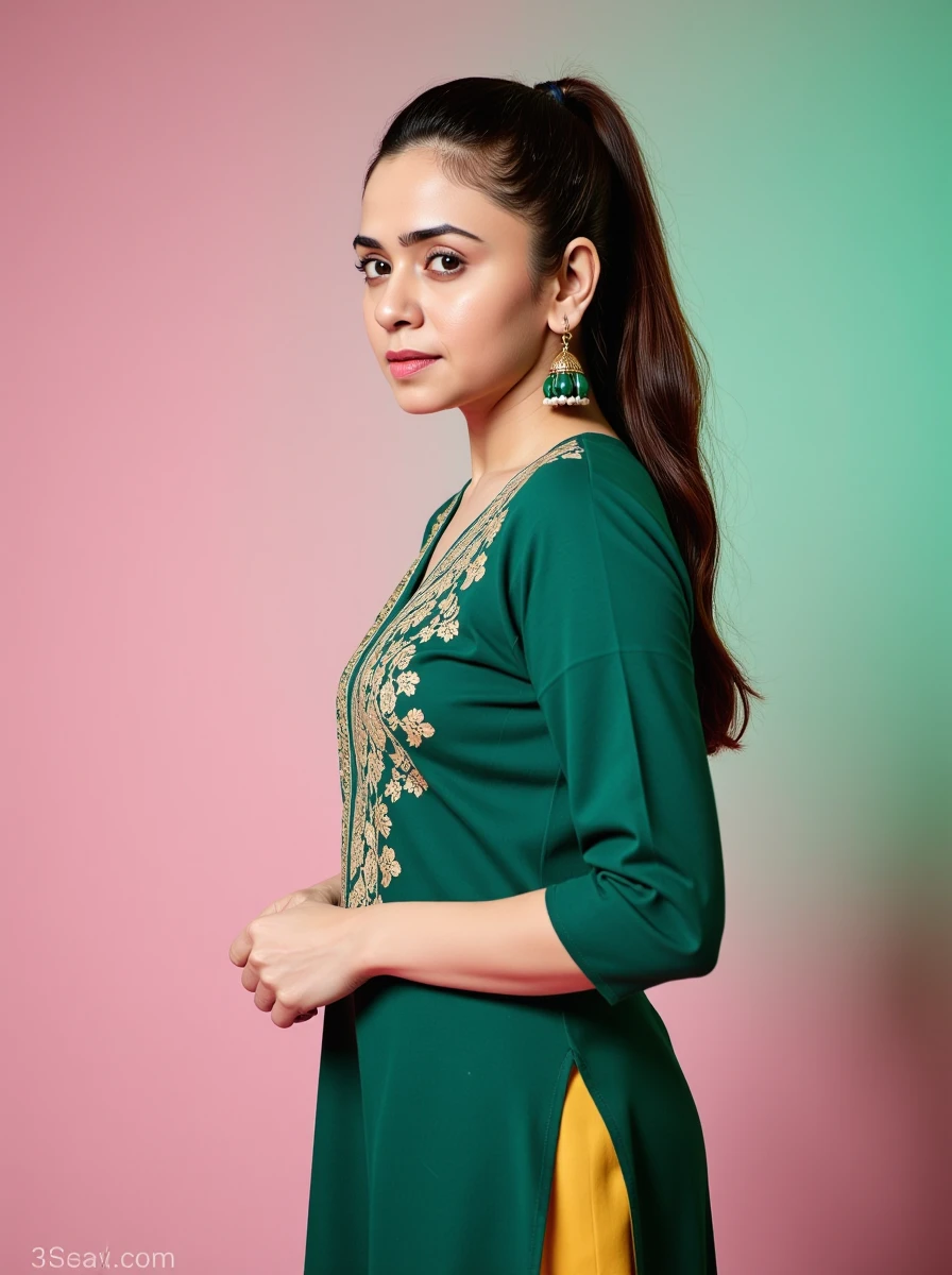 cowboy shot photo of Amruta Khanvilkar woman,hyper realistic candid photo shouting,studio quality, wearing intricate conservative long sleeved Forest Green Kurti with Leggings, high ponytail, pastel shaded multicolored background, cinematic lighting<lora:TestBed\Amruta_Khanvilkar_Flux_Kohya_LoRA_v1.safetensors:1.0:1.0>