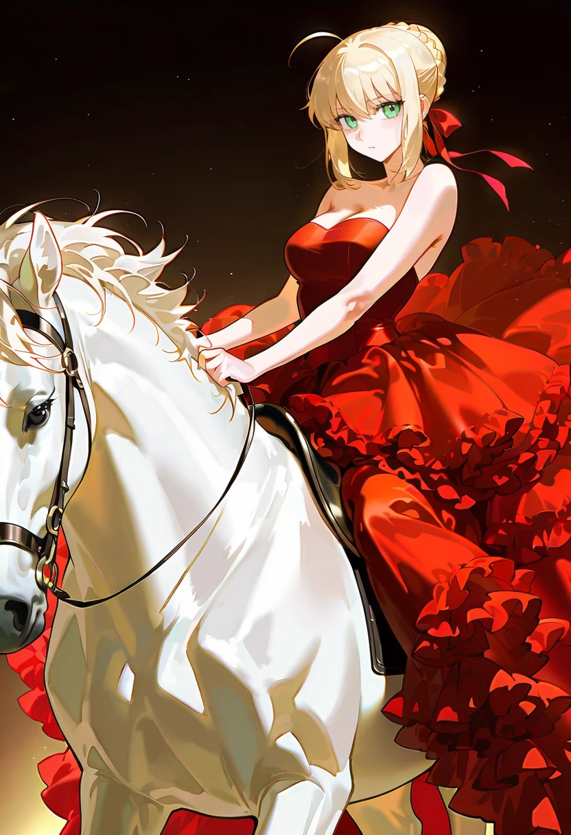 1girl,solo,looking at viewer, echo (circa),ft gown, red dress, fur trim, strapless, frills, saber_(fate),horse,