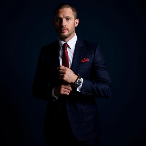 Hardyxxx. The image is a high-resolution photograph of a man standing against a dark, gradient background that transitions from dark blue to almost black at the top. He is dressed in a stylish, tailored suit. The suit is a dark blue plaid pattern with subtle red accents, and it features a subtle, repeating pattern of small red crosses. He is wearing a crisp, white dress shirt underneath, which is buttoned up to the collar and paired with a deep red tie adorned with a similar red cross pattern to the suit.