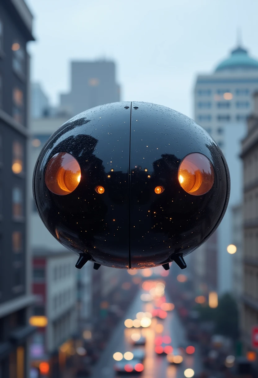 YFG-Rounded A next-gen drone shaped like a glossy black egg, with faint glowing runes etched across its surface, silently hovering in a cityscape at dusk.