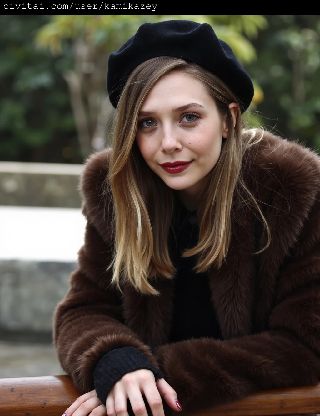 This is a high-resolution photograph featuring elizabeth_olsen with light skin and long, straight light brown hair. She is wearing a black beret that sits tilted to the side, giving her an elegant and somewhat bohemian appearance. Her facial features are delicate, with a small, straight nose, full lips, and subtle makeup that enhances her natural beauty. She has large, expressive blue eyes that gaze directly at the camera, exuding a sense of confidence and allure.
elizabeth_olsen is dressed in a luxurious, soft brown fur coat that adds a touch of warmth and sophistication to her look. Her nails are painted a deep, rich red, which matches her lips, creating a cohesive and striking color scheme. She is sitting on what appears to be a wooden surface, possibly a bench, with a blurred background that suggests an outdoor setting, likely in a park or a garden. The lighting is soft and natural, with the warm hues of the coat and her skin contrasting with the cool tones of the beret and the background. The overall mood of the photograph is intimate and inviting, capturing the subject in a serene and contemplative moment.