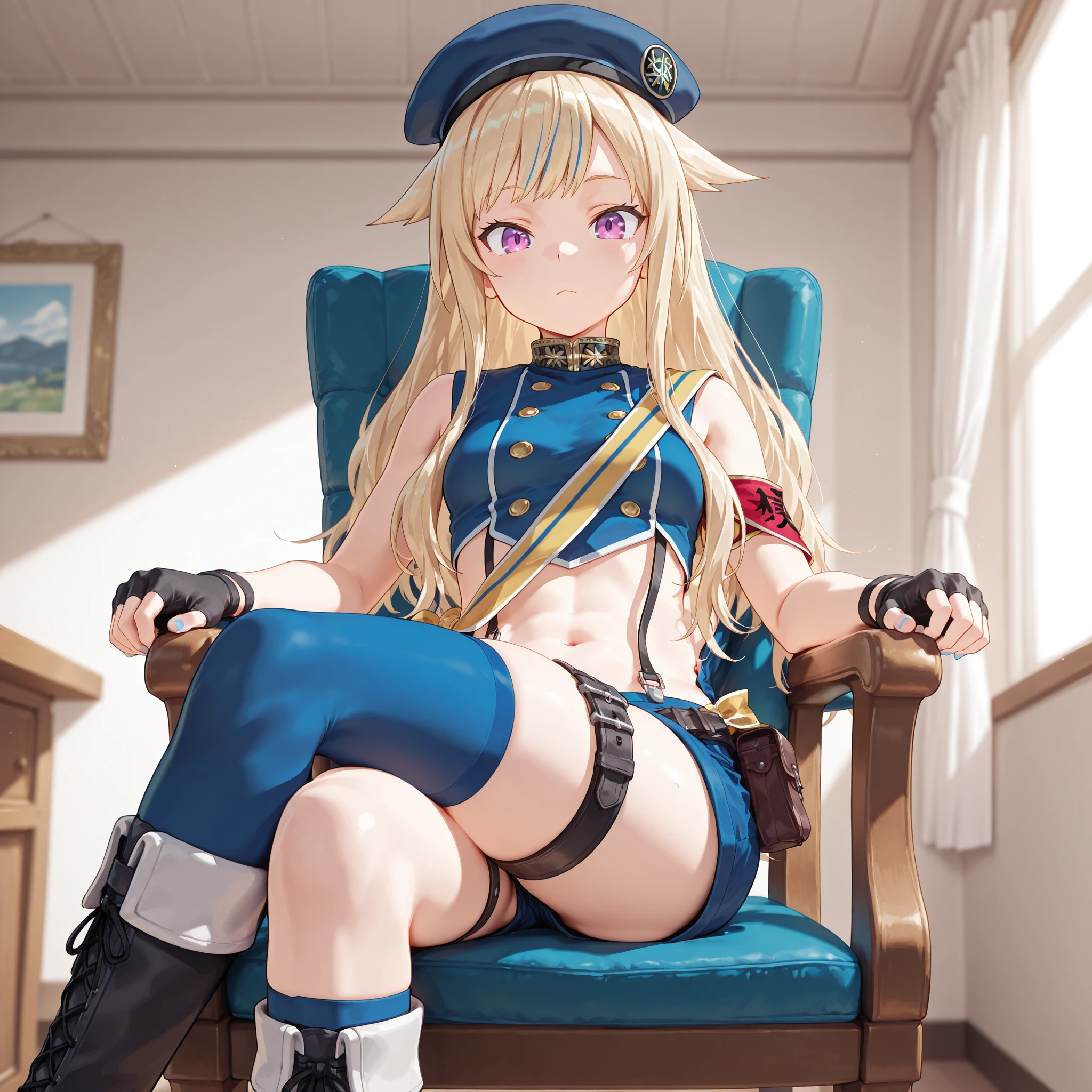 masterpiece, best quality, amazing quality, 1girl, indoors, sitting, chair, crossed legs, looking at viewer, straight-on,
<lora:Suzuki_Hina_Illustrious:1>,
1girl: suzuki hina, blonde hair, long hair, streaked hair, hair flaps, purple eyes, skinny, small breasts, , hat, beret, blue thighhighs, blue crop top, fingerless gloves, midriff, single thighhigh, sleeveless, suspender shorts, thigh straps, belt, pouch, single armband, sash, boots