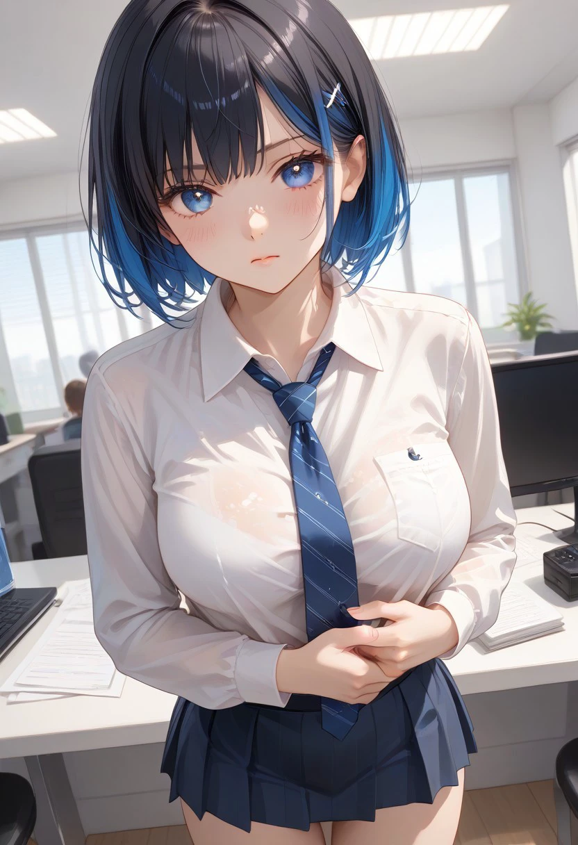 (Shion Tachibana, Short hair, Black hair, Multicolored Blue hair, Expressive eyes, Blue crystal eyes), perfect face, Serious expression, Blushing, Perfect body, Tall, White skin, Large breasts, white shirt, Long sleeves, blue tie, blue ribbons, black short skirt, office room, Windows, Table, Chair, indoor, Wide Angle Camera, (masterpiece, detailed:1.2), (High Resolution), (More Details), (8K), (High Resolution), Aesthetic style, (glitter), soft anime, intricate colors, vibrant colors, color detail, ((Anime illustration)), ((Incarnate detail)), ((Masterpiece)), ((Highest quality)), easynegative,