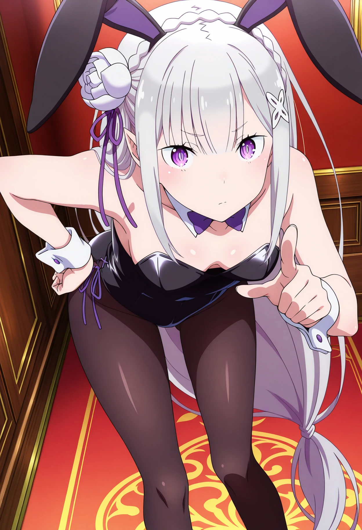 1girl, solo, anime screencap, anime coloring, 
<lora:shiEmiliaV12ill:1>, shimilia, long hair, grey hair, pointy ears, purple eyes, crown braid, hair flower, hair ribbon, purple ribbon, x hair ornament, pantyhose, rabbit ears, playboy bunny, black leotard, looking at viewer, hand on own hip, bent over, pointing at viewer, hand on own hip, staring, serious,
masterpiece,best quality,amazing quality,