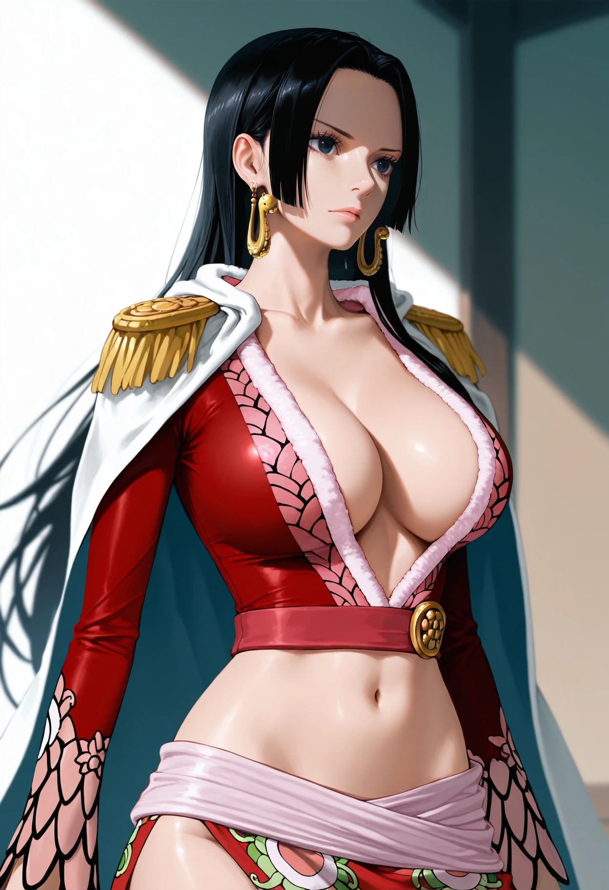 masterpiece, best quality, realistic,
1girl, solo,
 <lora:Boa Hancock 5 outfits [IL]:0.9> 1girl, boa hancock, black hair, jewelry, earrings, large breasts, long hair, black eyes,   ||1. yomamabhamazon, white cape, epaulettes, navel, crop top, side slit, long sleeve,