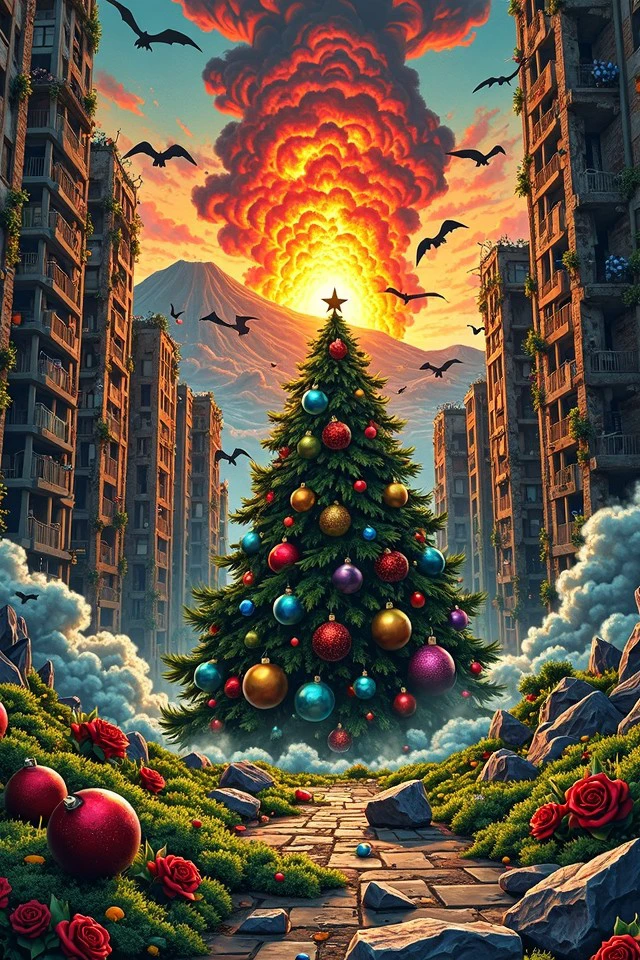 worxma style, smoke, ornaments, christmas tree, presents, explosion, illustration,
Doc Savage in A shattered cityscape with crumbling buildings overrun by wild, lush greenery and bright flowers, with a distant, still-smoking volcano looming in the background., 
Sensationally depicted, Topflight narrative, Immaculately detailed, Epic detail, 
<lora:War_On_Christmas_Flux:0.35>