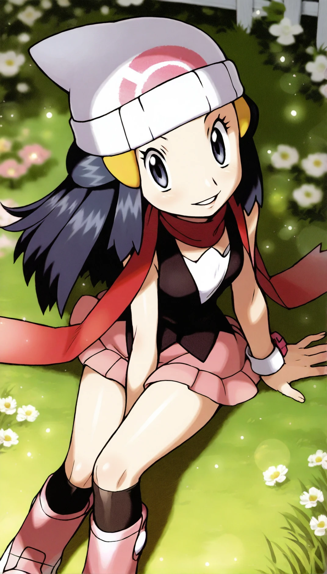 masterpiece,best quality,amazing quality,
<lora:hikaridawnIL:1>,hikaridawn,
1girl,solo,navy blue hair,long hair,
dark blue eyes,smile,looking at viewer,parted lips,
white beanie,yellow hair clips,black vest,pink miniskirt,white blouse underneath,black kneehighs,red scarf,
from above,facing aside,sitting,leaning forward,side sitting,left hand on ground,
blurry background,depth of field,soft lighting,light particles,lens flare,
grass,flower,white fence,