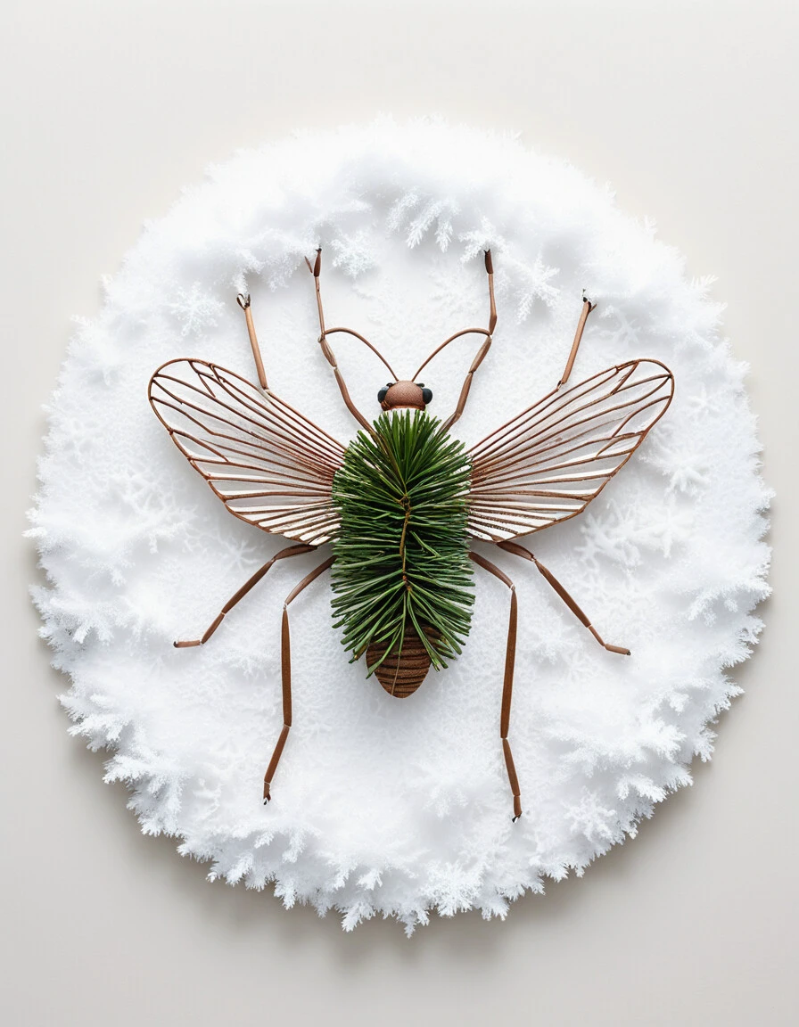 nature-inspired mixed media artwork resembling an insect, pine needles and twigs forming the body and legs, snow on white background, geometric arrangement, japanese-inspired aesthetic, realistic detail, simplistic and minimalistic, snow adds textural contrast, created by maico akiba, masterpiece