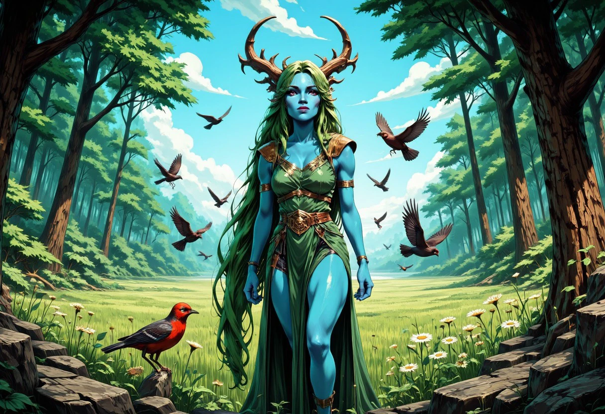 PaintedComicV4.0 style illustration of the Dryad, woman with blue skin, long green hair and wooden horns, standing at the meadow in the forest scenery,outsie of the Dryad the scene is filled with multiple birds