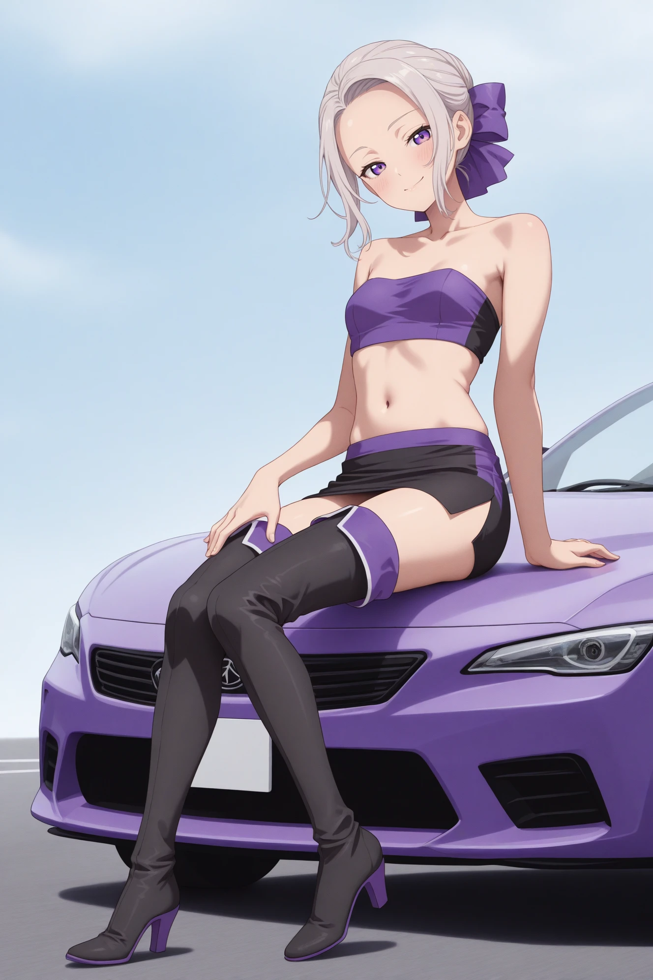 ((masterpiece,best_quality)),1girl, beautiful eyes,((reisen udongein inaba, rabbit ears)),beautiful detailed glow,detailed, car, smile,upper body, bare shoulders, see-through,(facing viewer),thigh boots,elbow_gloves,race_queen,white legwear, <lora:racingmiku2011-000007:0.9>,