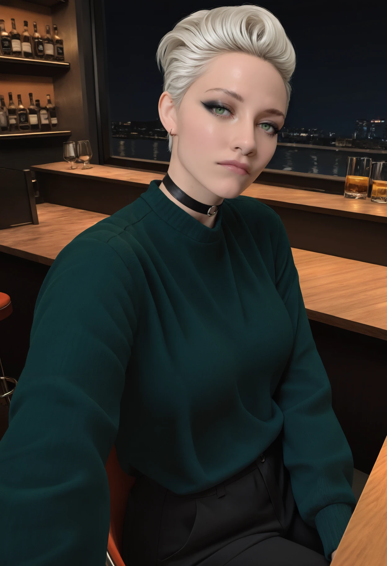 masterpiece, best quality, newest, absurdres, highres, realistic, photorealistic, cowboy shot, dark, night, closed mouth, looking at viewer, 1girl, solo, brititcerknfelle, short hair, white hair, hair slicked back, green eyes, black eyeshadow, black turtleneck sweater, black choker, black pants, sitting, bar \(place\),
<lora:brittenelle fredericks:1>