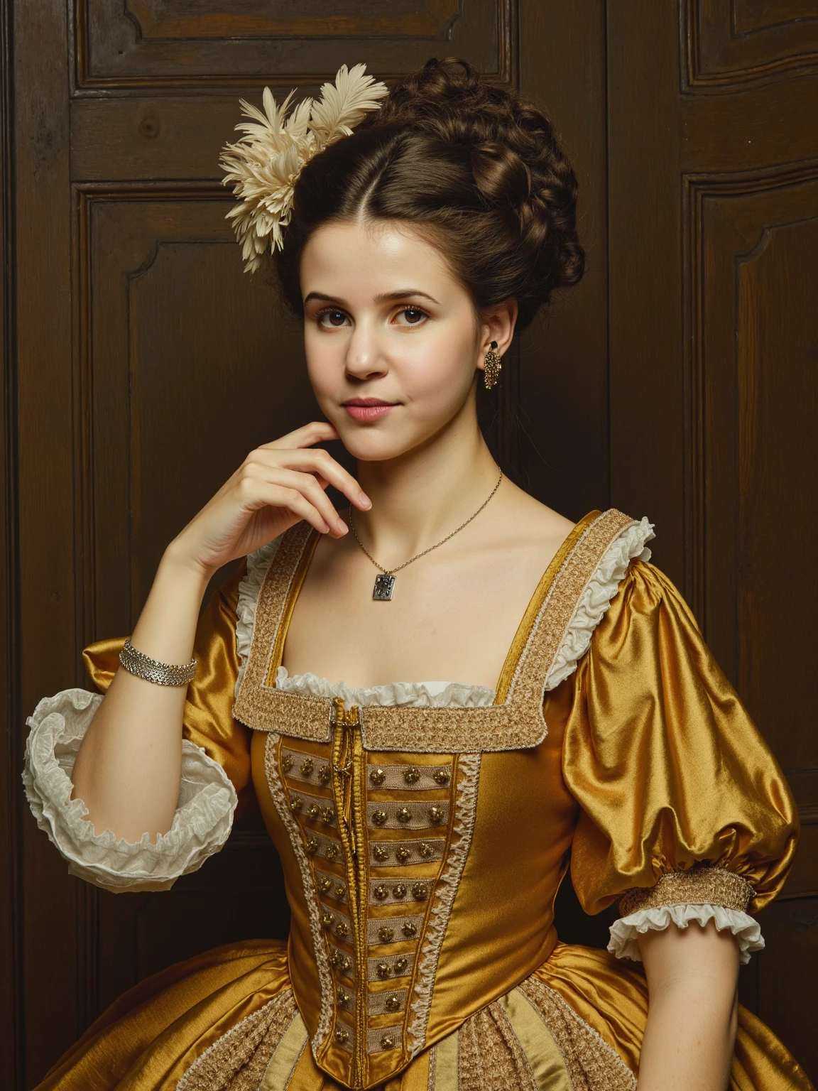 Masterpiece, beautiful deborah_francois, drill hair, wearing gold laced dress, autumn, leaves, trees, best quality, samdoesarts, portrait, intricate detail, relaxing, brown eyes, headdress, detailed eyes, big pupils, brown eyes
<lora:deborah_francois-000008:0.9>