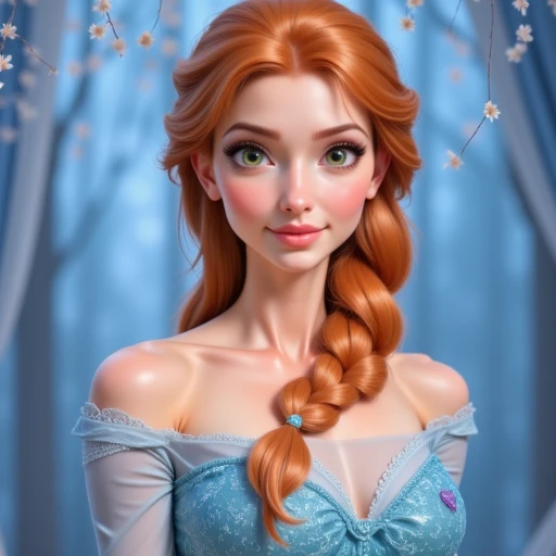 In a world where beauty is pure, there's is a woman whose hair is a red-golden silk waterfall revoke Anna from disney, & Elsa, framing a face that outshines art. Her eyes, like deep sapphires, hold cosmic secrets; her smile, a beacon of joy; her lips, a silent story of love.  Her chest is a natural marvel, deeply set with a late amplitude. Elsa has one giant braid in perfect blonde, Deep-set, late amplitude, naturally droplet, pear-shaped, deeply positioned below the upper ribs, slender upper chest, low-set breast with prominent, intricately detailed nipples – these barely describe her beauty. Her breasts, pear-shaped and low-set, demand focus in training to enhance their natural form.  Her waist is slender, leading to graceful hips, and her legs are long, crafted for dance. She's a vision of magic, celebrating the essence of femininity, beauty-face proportions,  skinny upperchest, collarbone, low-set-breast, breasts with a deep position, extremely low-set breasts naturally pear-shaped (on what training should focus), prominent nipples, with textures intricately detailed (also in focus),