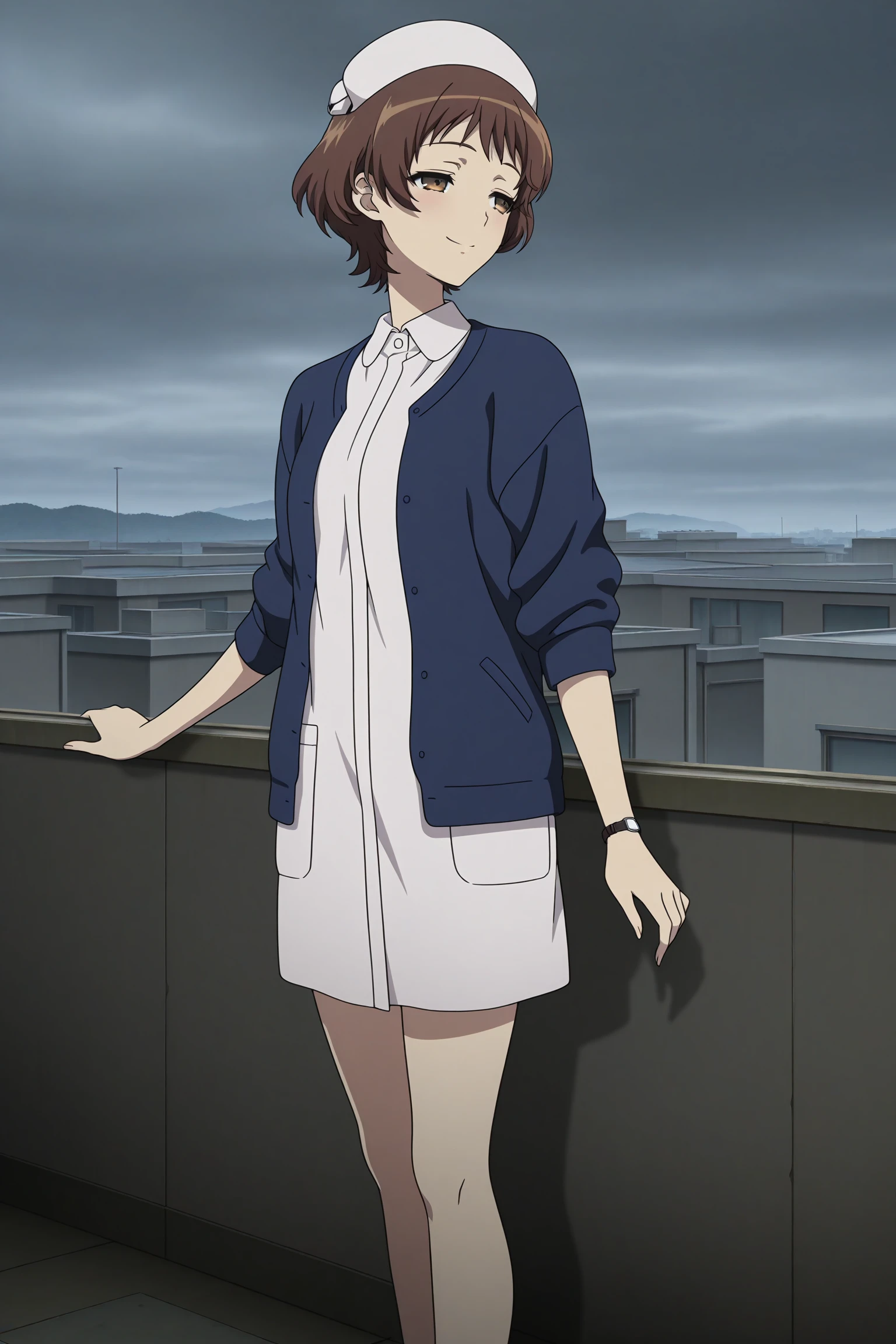 masterpiece, best quality, amazing quality, highres, absurdres, very aesthetic, high resolution, ultra detailed, perfect details, 1girl, solo, outdoors, hospital, rooftop, mizuno sanae, brown hair, short hair, brown eyes, nurse, nurse cap, blue cardigan, open cardigan, white shirt, collared shirt, long shirt, wristwatch, sandals, <lora:Sanae_Mizuno_ILXL:0.8>, (aged up:1.4), (feet out of frame:1.2), (anime coloring:1.2), (anime screencap:1.2), smile, (vignetting:1.6), (pose:1.2), half closed eyes, (overcast:1.2), (turning head:1.4)