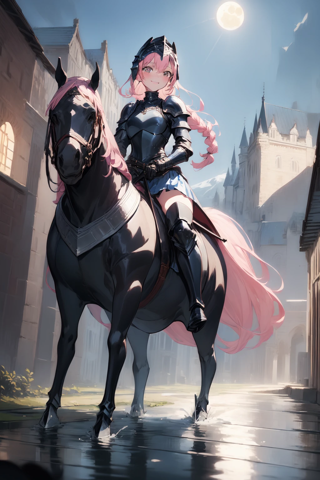 masterpiece, best quality, <lora:1.5 Between_pencils_and_semi-realism_Style:0.7> stbedap, depth of field, 1girl, knight, pink hair, single braid, metal helmet, smile, (armored dress:1.1), blue skirt, (pleated skirt), armored boots, (thighhighs under boots:1.2), (horseback riding:1.3), dutch angle, night, full moon, lake, reflective water, horse