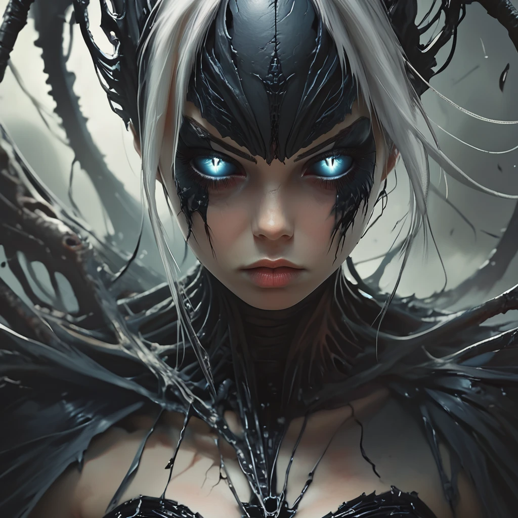 Score_9, score_8_up, score_7_up, score_6_up, BREAK <lora:Eldritch_Sci-FiPony:1> ArsMJStyle, Eldritch Sci-Fi, The image shows a woman with blue eyes wearing a black dress standing in a dark and mysterious environment. She appears to be a character from the game Dark Souls III: The Ringed City as indicated by the title of the image "Dark Souls III The Ring of the Ring"., 1girl, solo, blue eyes, looking at viewer, lips, glowing eyes, glowing, white hair, colored sclera, closed mouth