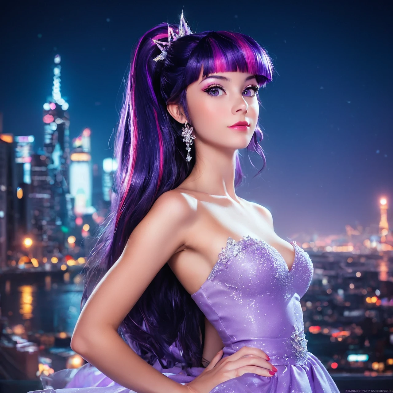 safe_pos, score_9, score_8_up, score_7_up, Twi in dress, 1girl,purple hair, cuitie face, beautiful purple eyes, photorealism, posing for photo in night city