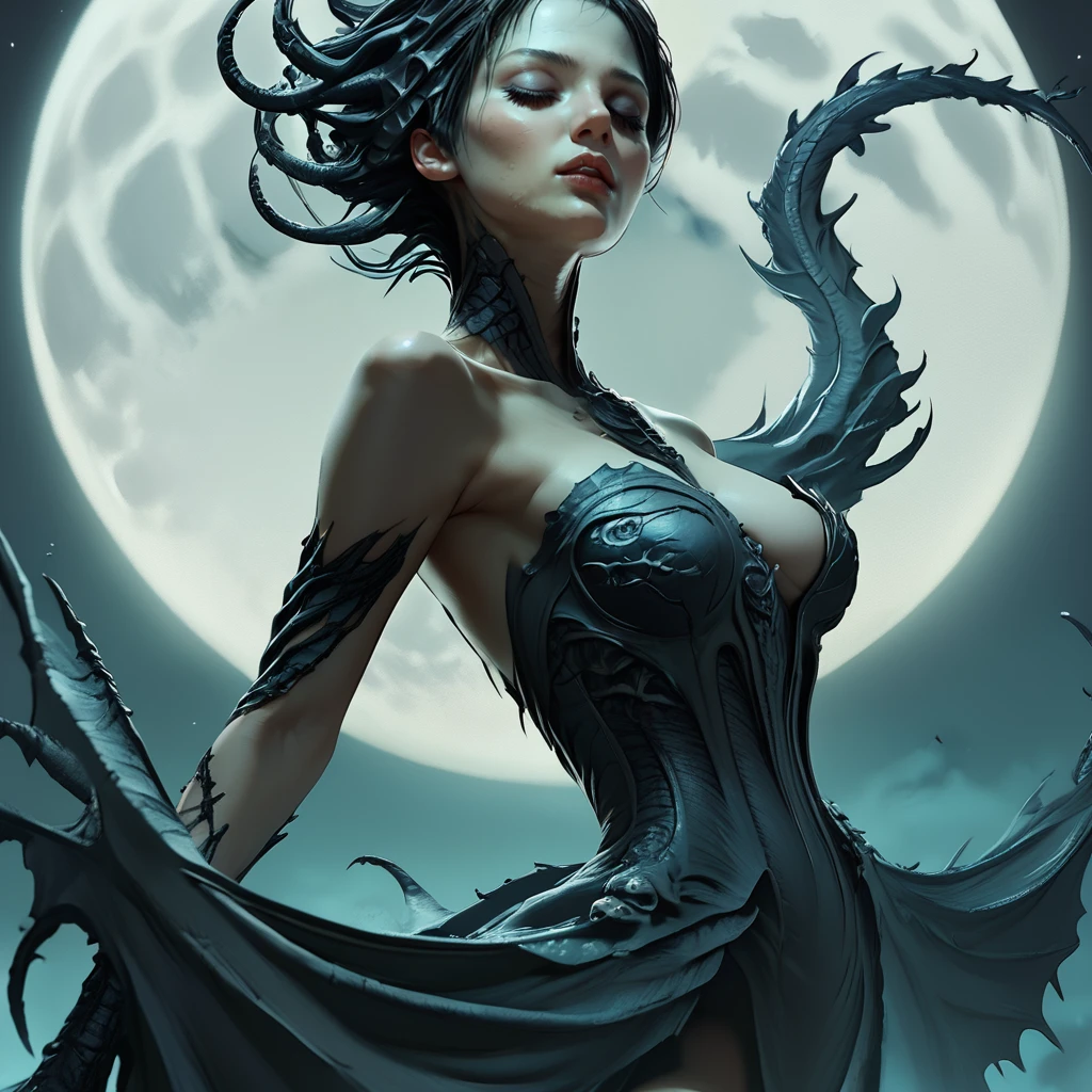 Score_9, score_8_up, score_7_up, score_6_up, BREAK <lora:Eldritch_Sci-FiPony:1> ArsMJStyle, Eldritch Sci-Fi, The image shows a woman in a black dress with a dragon on her back standing in front of a full moon in the night sky., 1girl, moon, solo, closed eyes, breasts, full moon, night, wings, sky, bare shoulders
