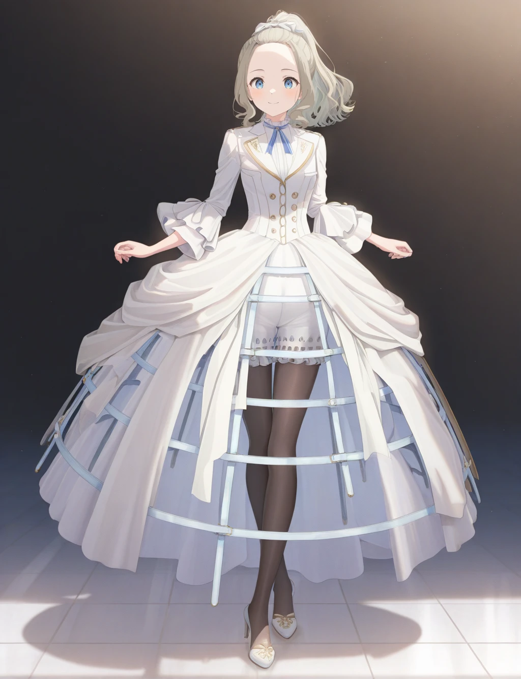 masterpiece,best quality,higres illustration,detailed face,1girl,<lora:cagecrinoline_IL:1>,crinoline skirt,ponytail,forehead,high heels,smile,dress,white dress,long skirt,frilled shorts,pantyhose,tile floor,