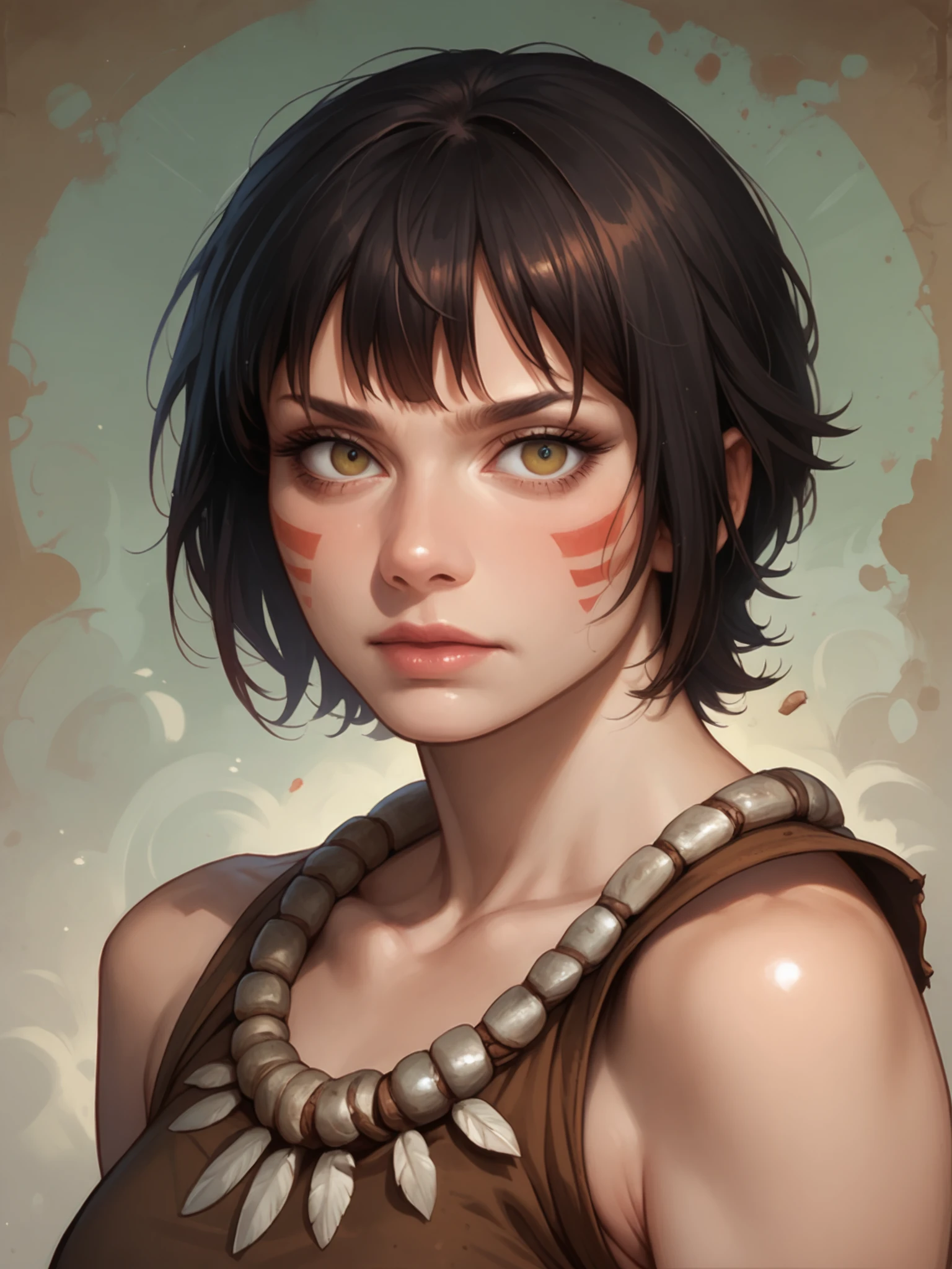 score_9, score_8_up, score_7_up, score_6_up, SFW, Karin Spolnikova, upper body, standing, short haircut, neat hairstyle, black hair, bang, looking at viewer, atmospheric magical background, barbarian, tribal face marks,<lora:Karin_Spolnikova_pony_v1.0:0.9>