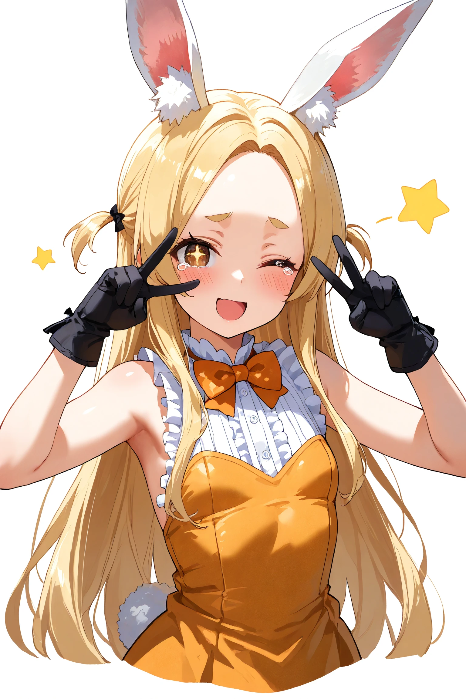 masterpiece, best quality, absurdres, newest, 1girl, star \(symbol\), long hair, v, solo, white background, blush, one eye closed, open mouth, cropped torso, bow, animal ears, upper body, simple background, looking at viewer, smile, blonde hair, parted bangs, forehead, bangs, animal ear fluff, orange bow, dress, small breasts, rabbit ears, sidelocks, ;d, v over eye, black bow, bare shoulders, bowtie, sleeveless, cosplay, very long hair, brown eyes, short eyebrows, kemonomimi mode, frills, paw pose, yellow bow, + +, tears, gloves, bare arms