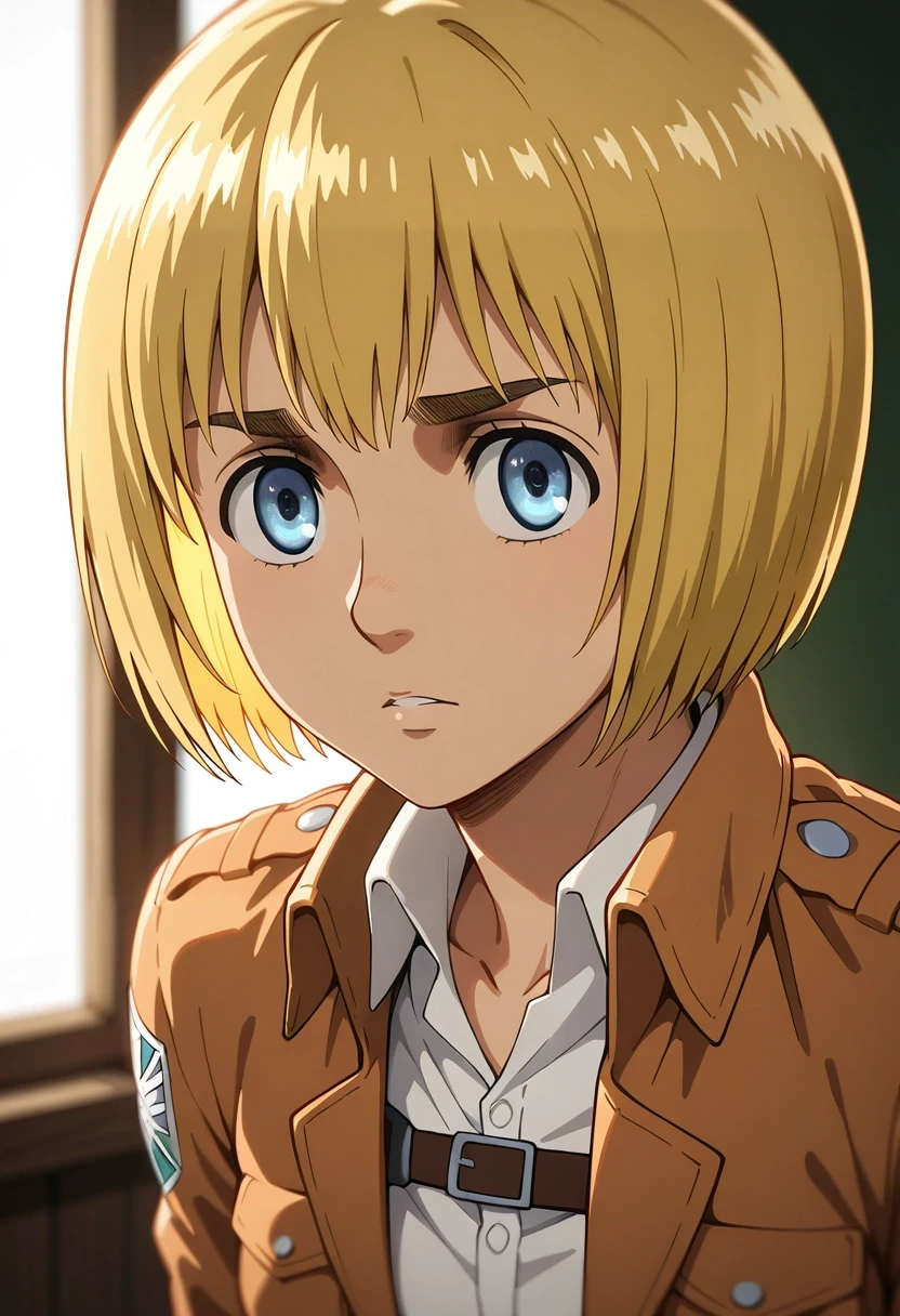 masterpiece, best quality, , (3d:0.4), , depth of field, 1boy, solo, male focus, <lora:armin_arlert_ilxl:0.9>, armin_arlert, blonde hair, blue eyes, short hair, bob cut, bangs, paradis military uniform, ,