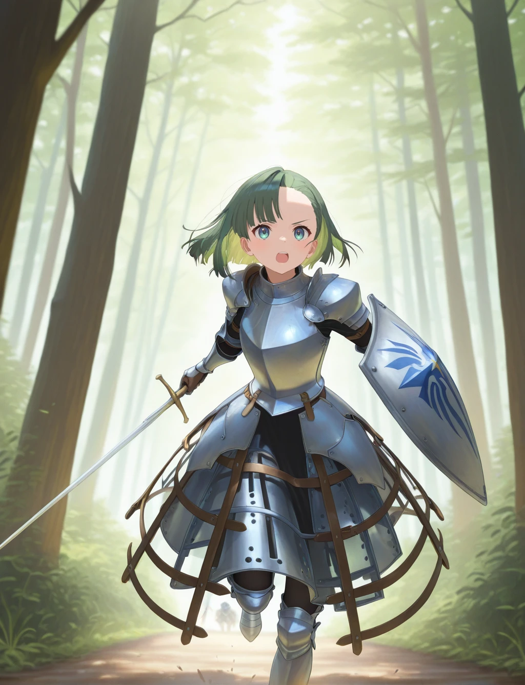 masterpiece,best quality,higres illustration,detailed face,1girl,solo,<lora:cagecrinoline_IL:1>,crinoline skirt,forehead,asymmetrical bangs,green hair,running,knight,holding sword,shield,forest,upper body,